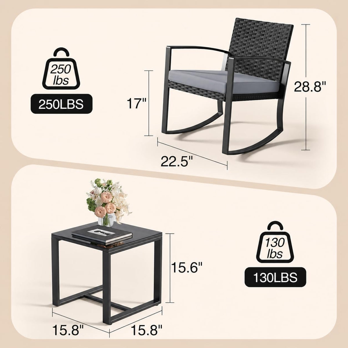 Qsun 3 Pieces Patio Furniture Set Rocking Bistro Set Outdoor Rattan Conversation with Coffee Table for Garden Balcony Backyard Poolside (Grey Cushion)