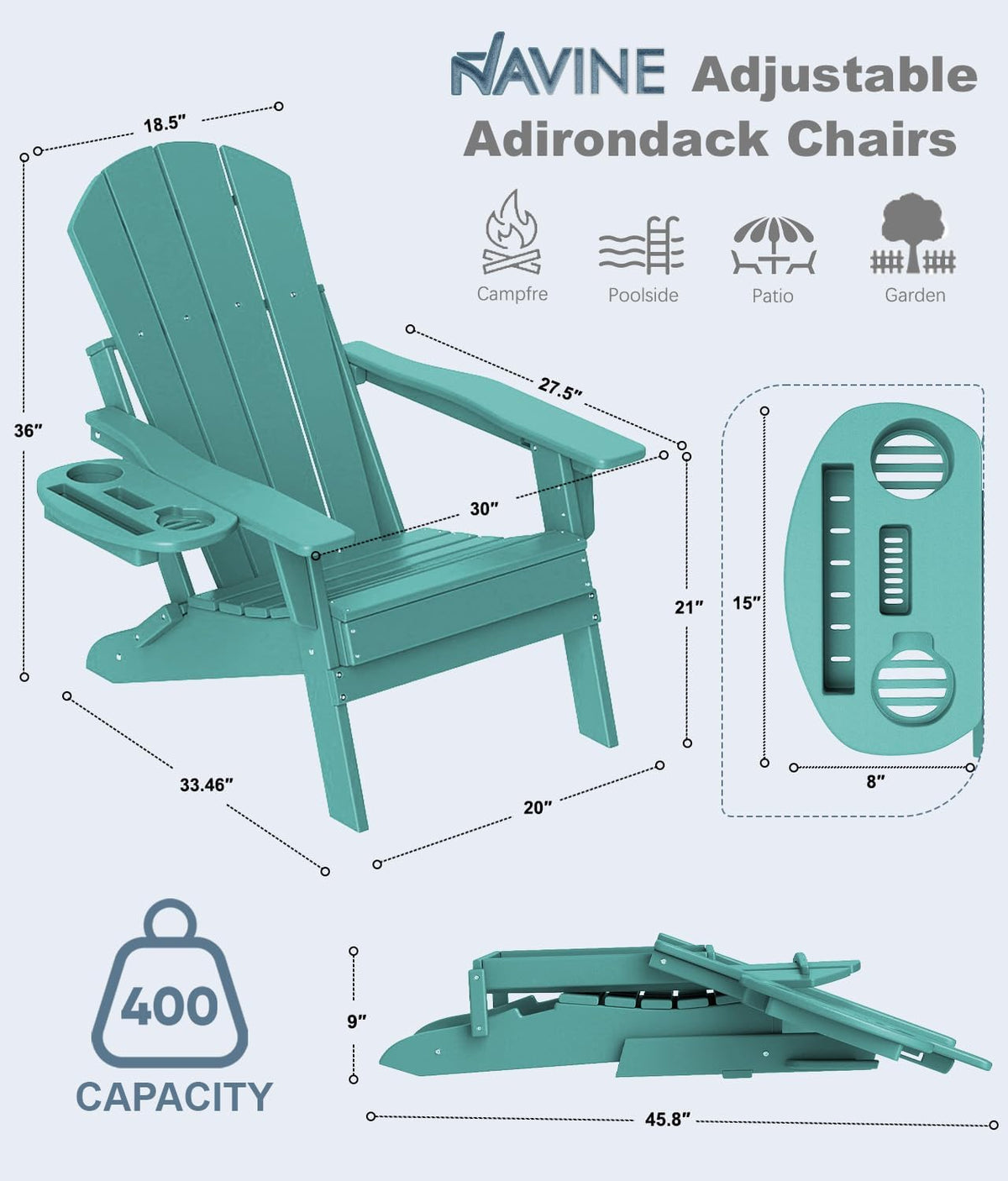 NAVINE Adjustable Adirondack Chairs Set of 4 with Cup Holders, Lake Blue