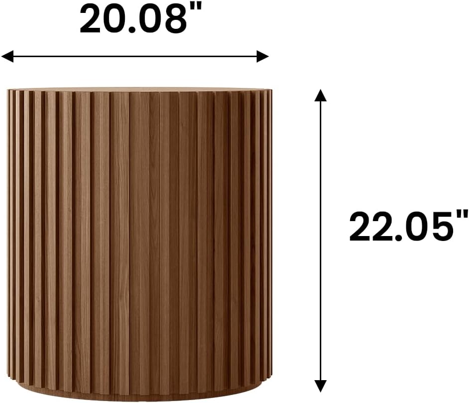 POVISON Round Coffee Side Table, Mid Century Wood End Table, Fluted Side Table for Living Room Bedroom Office, 20.08", Light Walnut