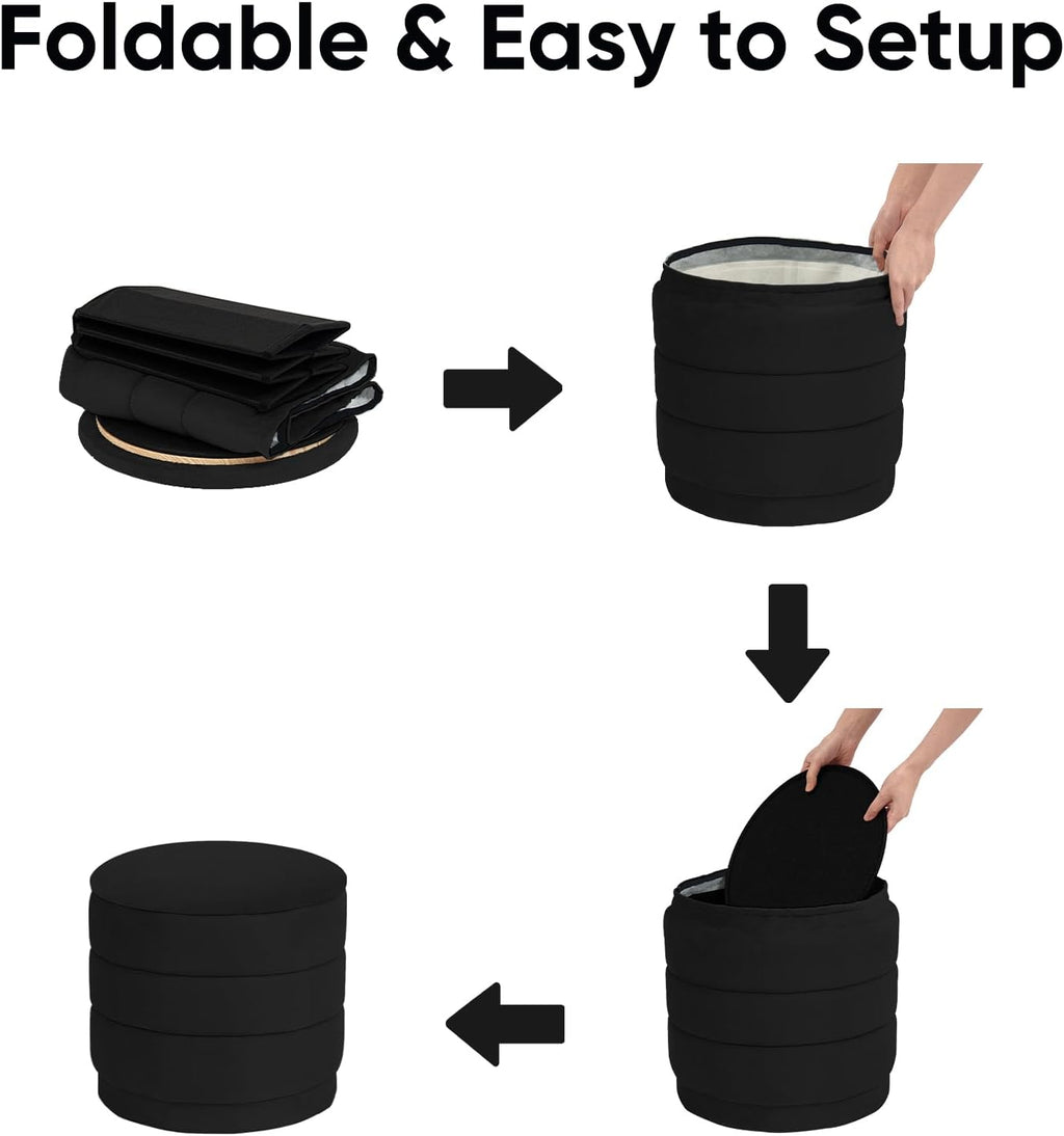 15.4" Round Velvet Storage Ottoman with Reversible Lid, Upholstered Circular Ottoman Footrest with Hidden Storage, Foldable Padded Footstool for Dorm Living Room & Bedroom, Black