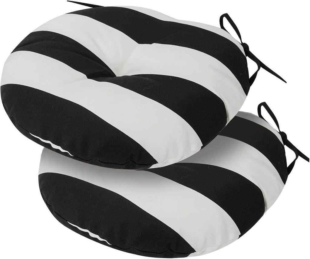 Bistro Chair Cushions 15 inch,Set of 2,Tufted Round Chair Cushions with Ties,15"x15"x4",Water Resistant Round Seat Cushion for Barstool Chairs,Patio Garden Kitchen Outdoor Furniture(Black and White)