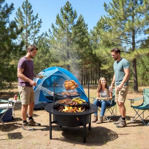 ROVSUN Upgrated 33'' Outdoor Fire Pit with 2 Grills, Grill with Side Shelves, Wood Burning Round Firepit with Swivel Cooking Grate, Removable Swivel Grill for Backyard, Patio, Picnic, BBQ and Parties