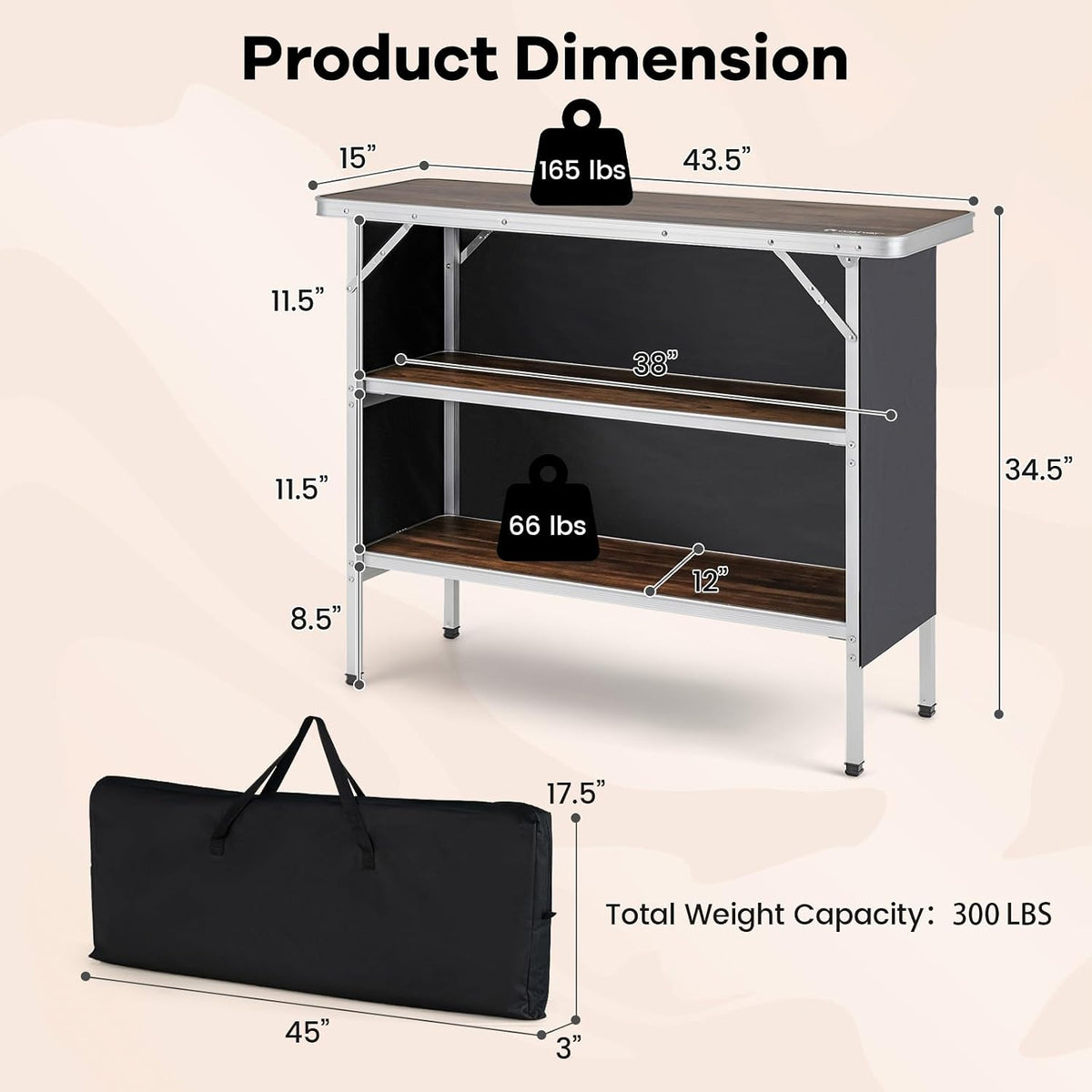 COSTWAY Portable Bar Table for Events, 43.5” x 15” x 34.5”(1, Brown)