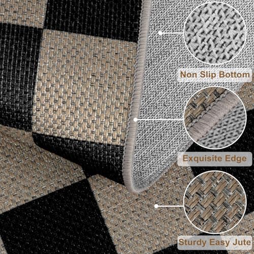 Rugalia Easy Jute Checkered Runner Rug, 2.6x8 Black Modern Washable Rugs Runner for Hallway Non-Slip Kitchen Runner Rug, Geometric Checkerboard Indoor Outdoor Carpet for Porch Laundry Entryway