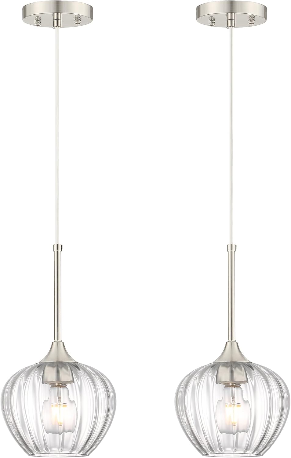 2 Pack Brushed Nickel Pendant Lights Kitchen Island with Ribbed Glass Shade