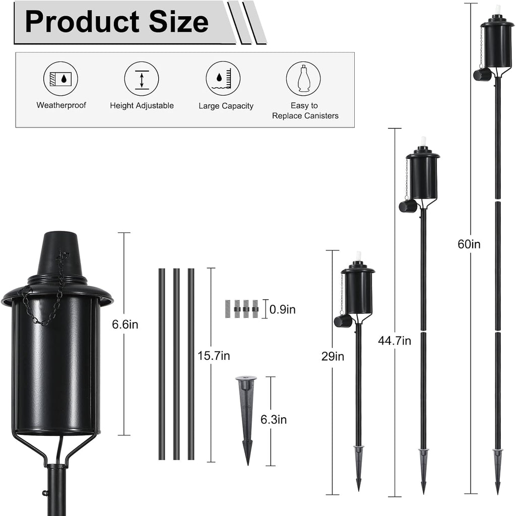6 Pack Metal Citronella Torches, Torches Garden for Outside 60 inch Flickering Flame Citronella Outdoor Light Torch,Metal Torches for Outside, Camping Patio Pathway Table Torch(Jet Black)
