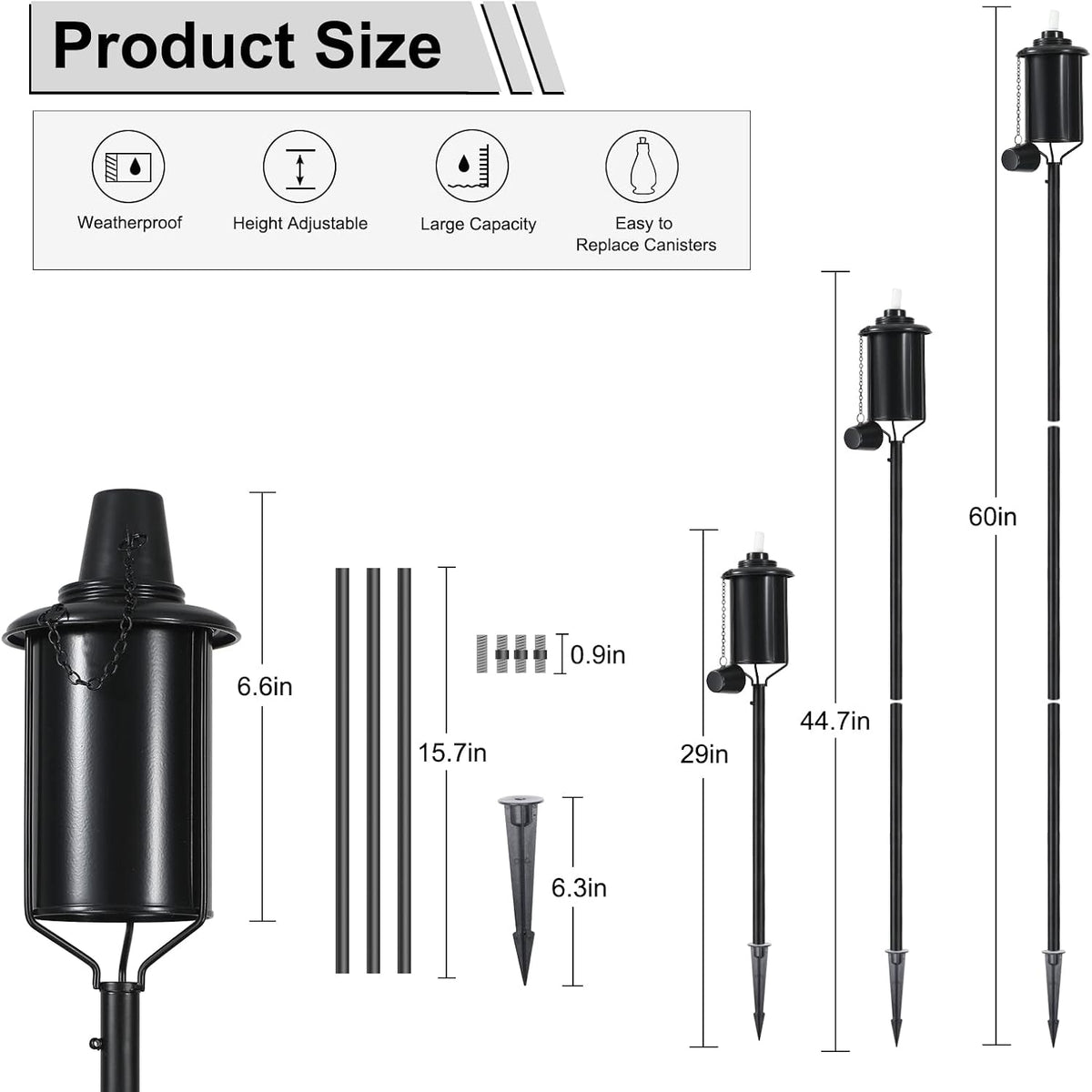 6 Pack Metal Citronella Torches, Torches Garden for Outside 60 inch Flickering Flame Citronella Outdoor Light Torch,Metal Torches for Outside, Camping Patio Pathway Table Torch(Jet Black)