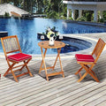 ORALNER 3-Piece Acacia Wood Folding Patio Bistro Set, Small Outdoor Balcony Furniture, Round Coffee Table and 2 Chairs with Soft Cushions, Teak Table Set for Porch, Backyard, Deck (Red)