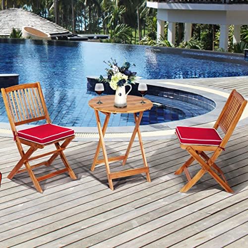ORALNER 3-Piece Acacia Wood Folding Patio Bistro Set, Small Outdoor Balcony Furniture, Round Coffee Table and 2 Chairs with Soft Cushions, Teak Table Set for Porch, Backyard, Deck (Red)
