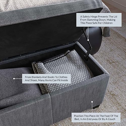 BELLEZE Storage Ottoman, 47 Inch Bench Bedroom Bench with Safety Close Hinge, Extra Long Ottoman with Storage for Living Room, Entryway, Hallway, Foot Rest, Support 300lbs - Gray