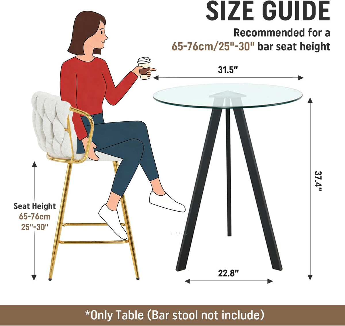 Round Bar Table, 37.4" High Pub Table, 31" Small Cocktail Table with Metal Base & Glass Top, for Small Spaces, Bistro Pub, Cafe(Black)