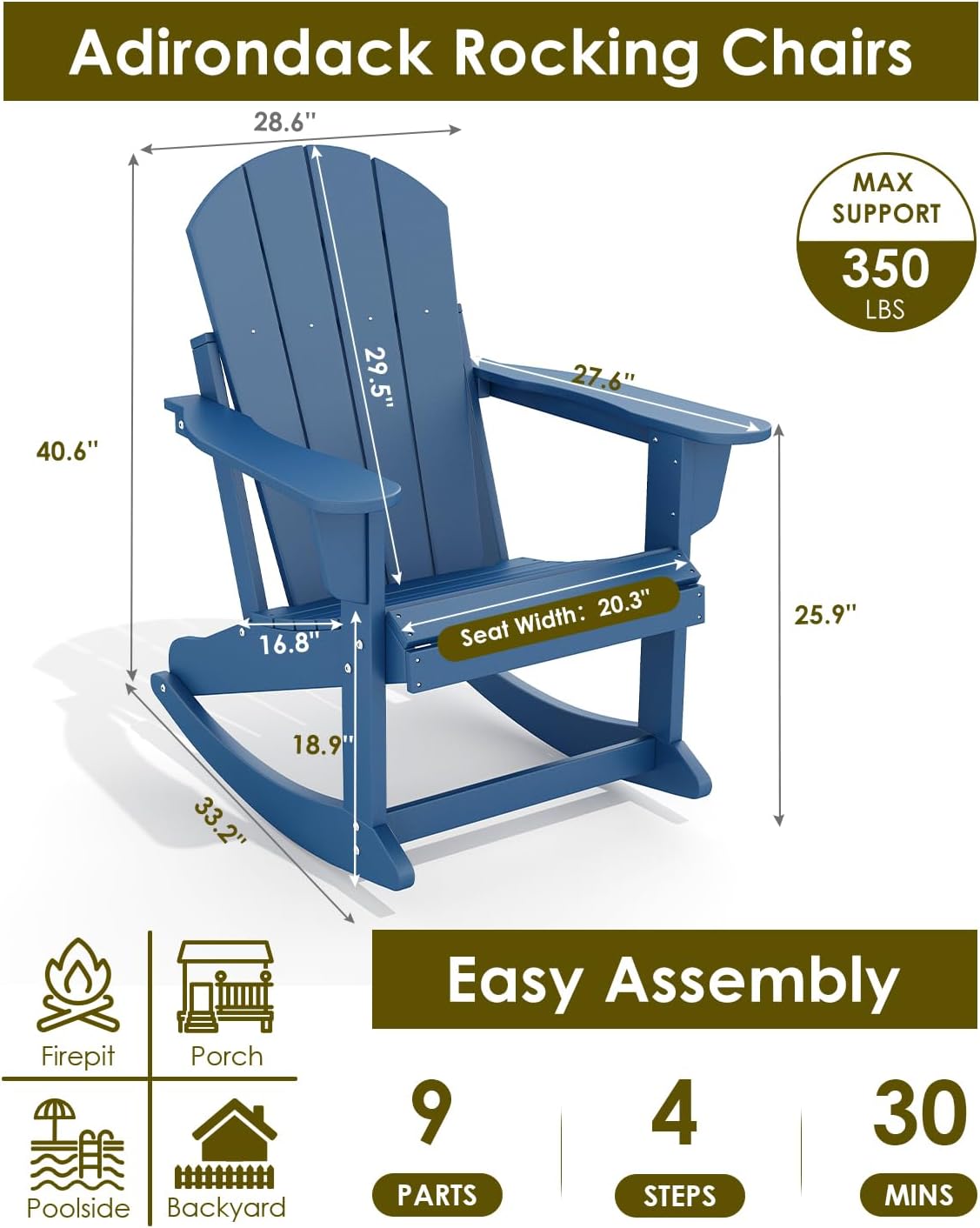 GREENVINES Adirondack Rocking Chairs Set of 2, HDPE Outdoor Rockers, Blue
