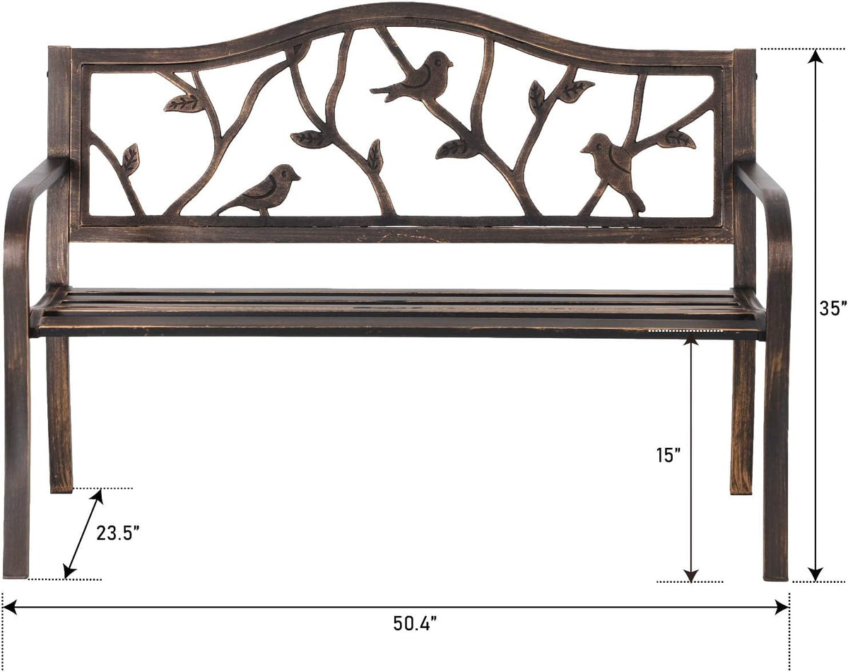 MFSTUDIO 50 Inches Outdoor Garden Bench Cast Iron Metal Bird Pattern Bronze
