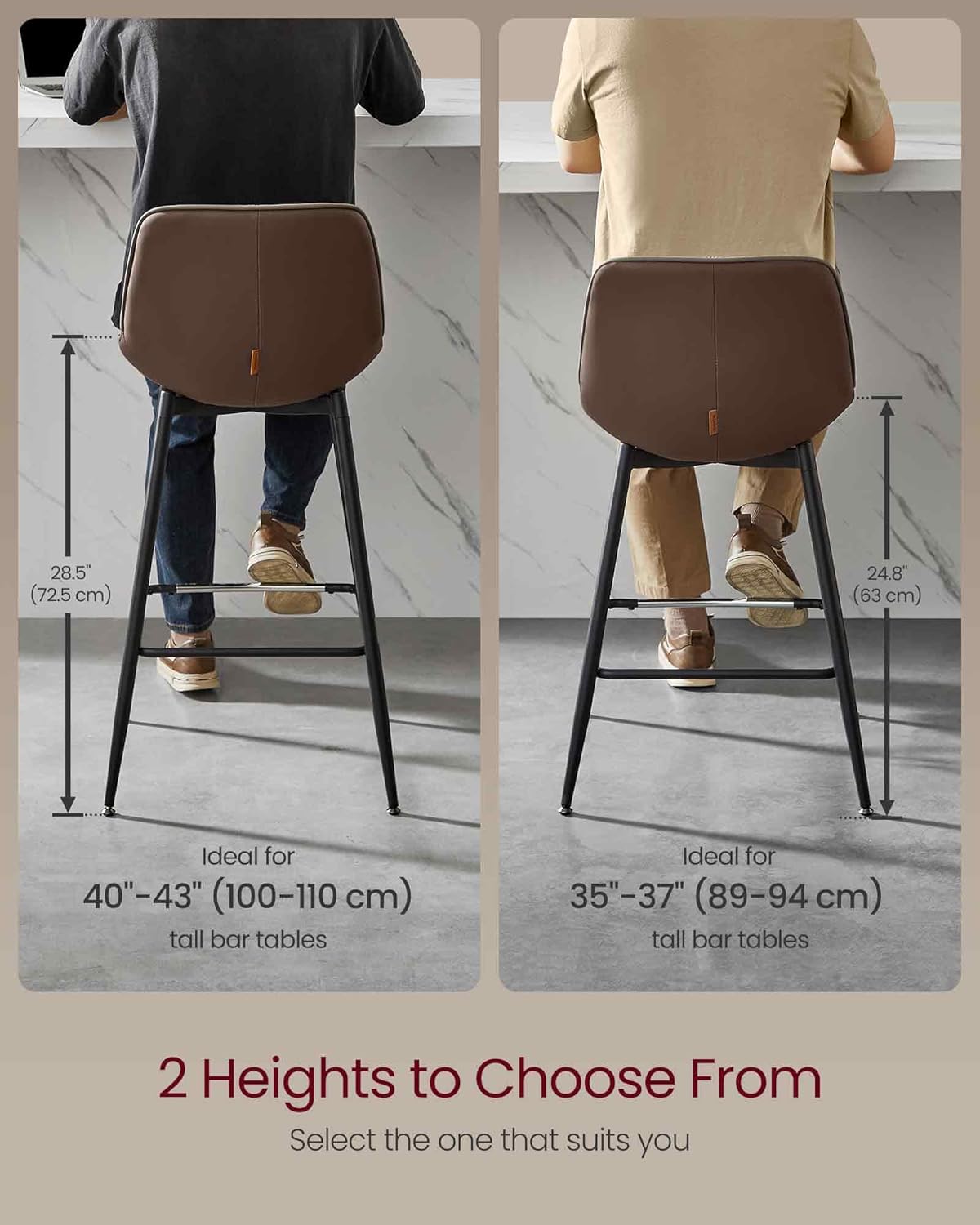 VASAGLE Bar Stools Set of 2, Bar Height, with Back, 28.5-Inch