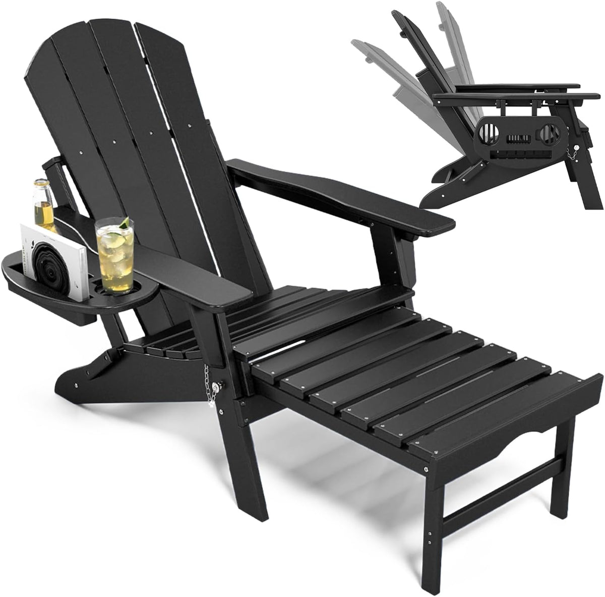 NAVINE Adjustable Adirondack Chair with Retractable Ottoman, Black