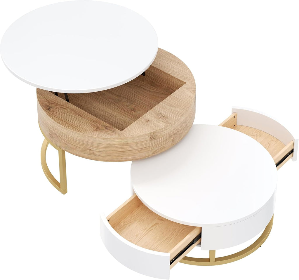 Modern Round Lift-top Nesting Coffee Tables with 2 Drawers for Living Room White & Natural