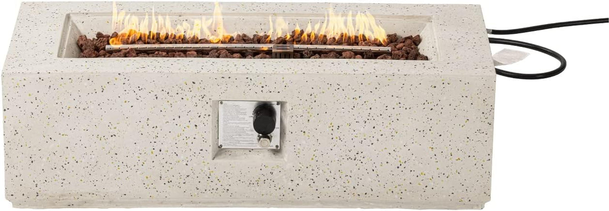 COSIEST Outdoor Fire Pit Coffee Table, 42-inch x 13-inch Terrazzo Rectangle Base Patio Heater w Certified, 50,000 BTU Stainless Steel Burner, Free Lava Rocks and Rain Cover