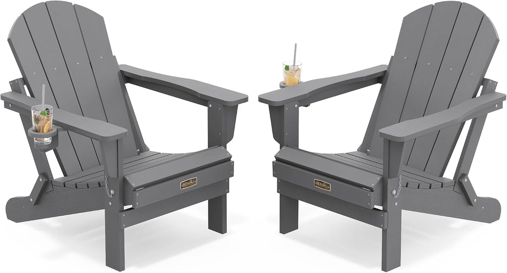 SERWALL Folding Adirondack Chair with Cup Holder Set of 2, Fire Pit - Gray