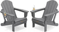 SERWALL Folding Adirondack Chair with Cup Holder Set of 2, Fire Pit - Gray