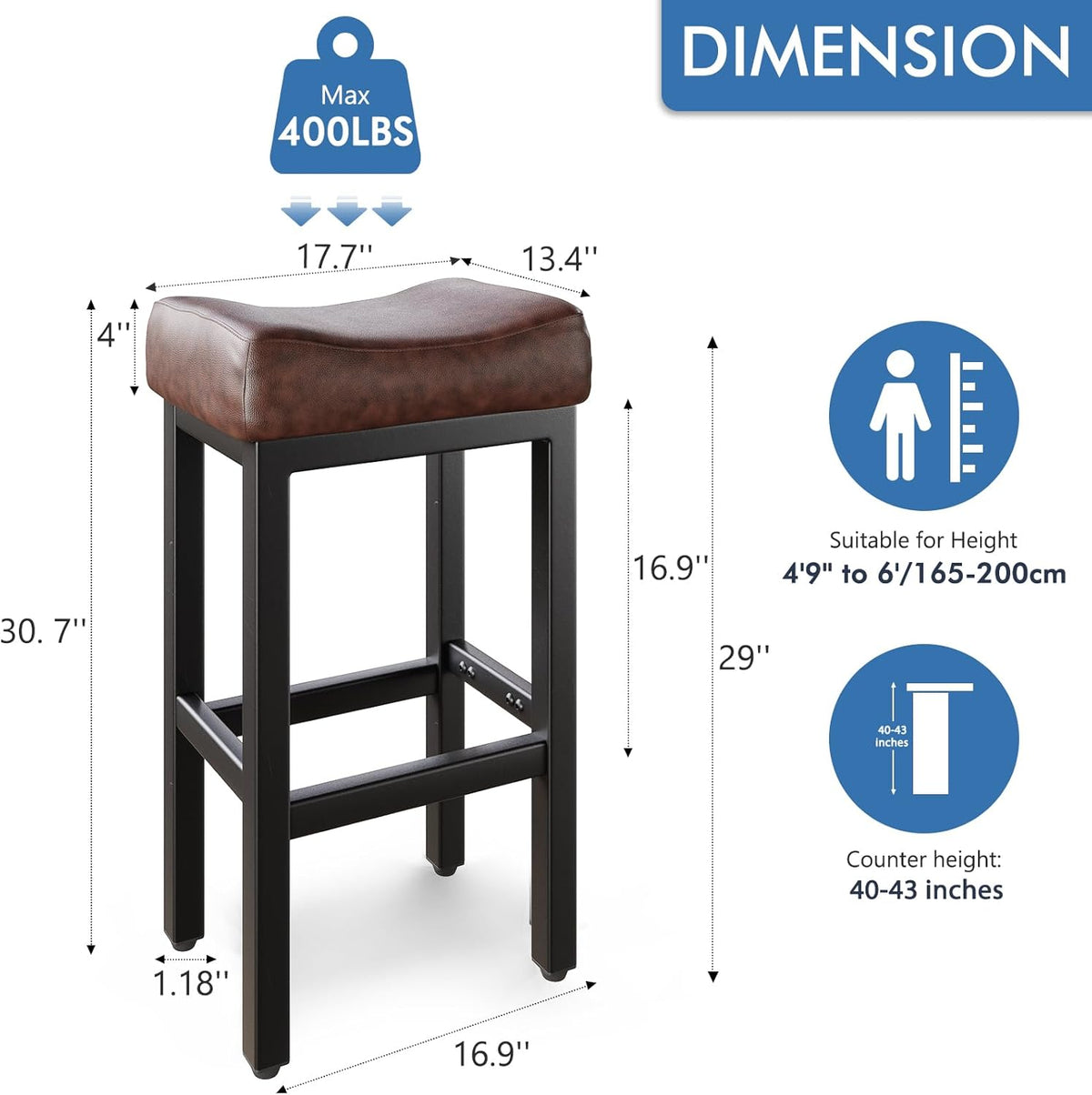 Raynesys 29 Inche Bonded Leather Counter Height Bar Stools Set of 2 Square