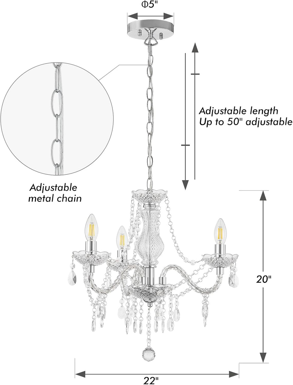 Luvkczc Chandeliers for Dining Room, 3-Light Acrylic Ceiling Light Adjustable Chain&E12 Base Pendant Light for Bedroom, Dining Room, Living Room