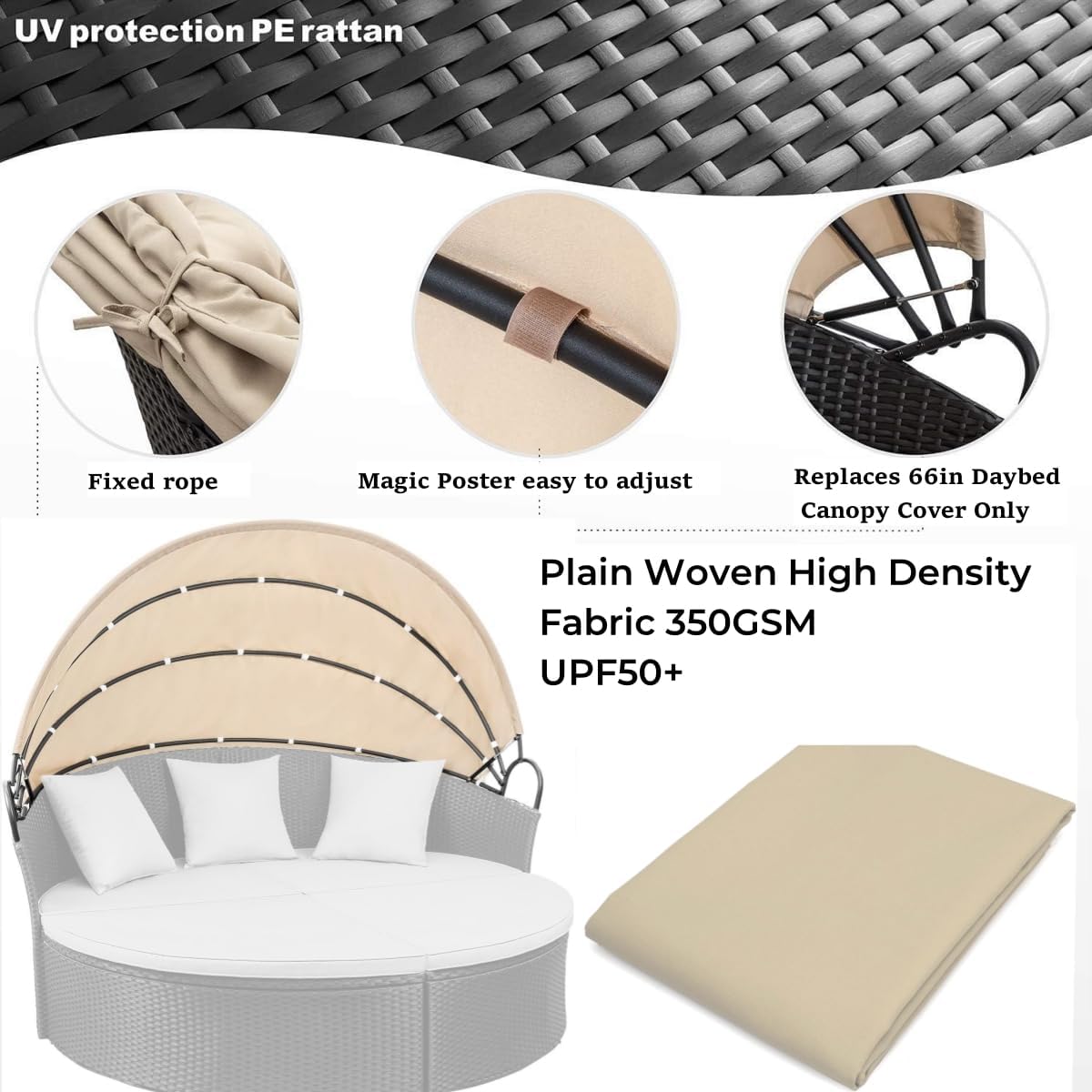 Outdoor 66in Round Daybed Replacement Canopy Cover,Khaki