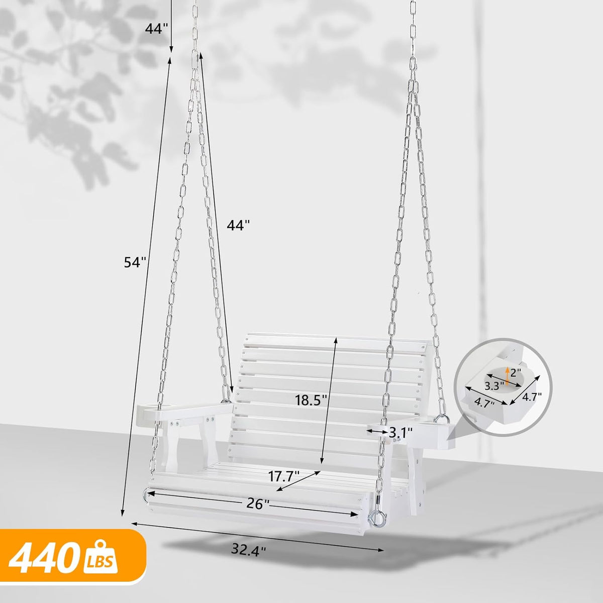 VINGLI 440 LBS Heavy Duty 1-Person Wooden Porch Swing, White