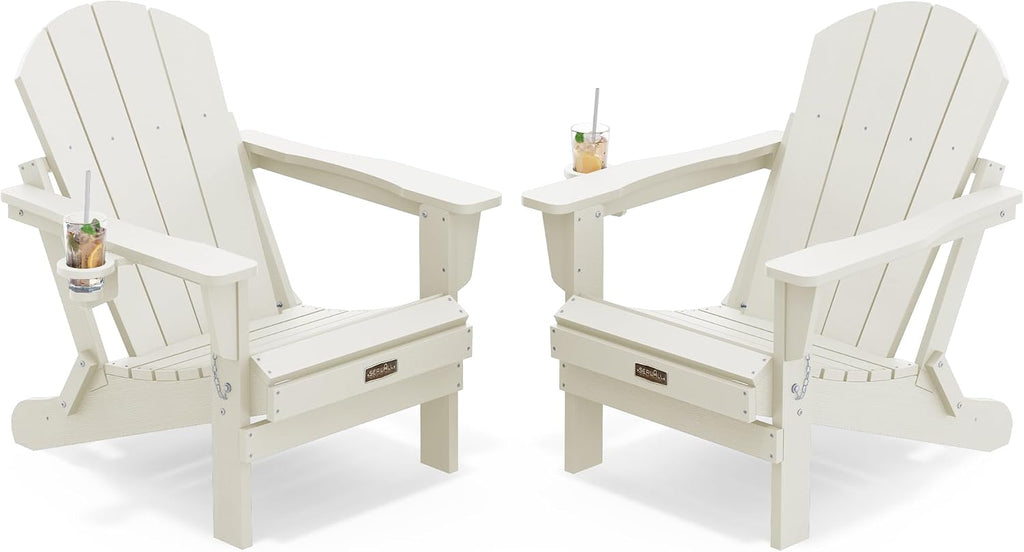 SERWALL Folding Adirondack Chair Set of 2 with Cup Holder, Fire Pit - White