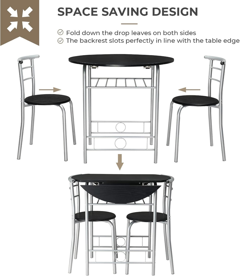 VINGLI 31.5" Drop Leaf Dining Table Set for 2, 3 Pieces Dining Table with Chair for Small Space, Small Kitchen Extendable Folding Dining Table for Dining Room，Home, Apartment, Saving Places, Black