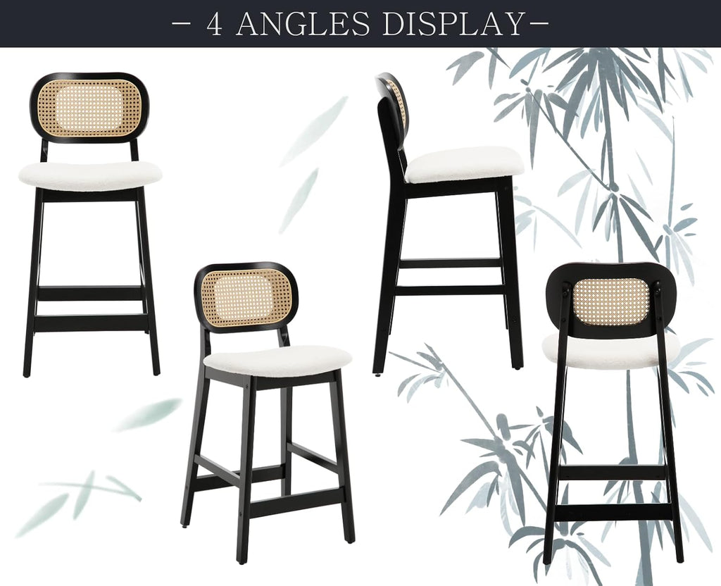 Shunzhi Rattan Counter Height Bar Stools Set of 2, Upholstered Sherpa Barstools with Woven Back, Boho Black Wood Farmhouse Bar Chairs for Pub/Home Bar/Kitchen Island, Cream White