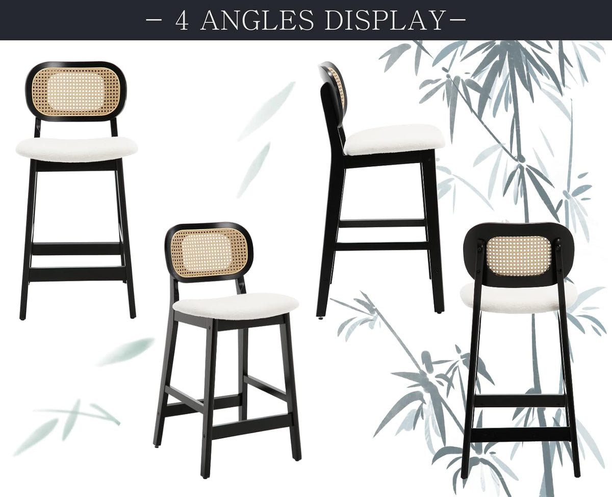 Shunzhi Rattan Counter Height Bar Stools Set of 2, Upholstered Sherpa Barstools with Woven Back, Boho Black Wood Farmhouse Bar Chairs for Pub/Home Bar/Kitchen Island, Cream White