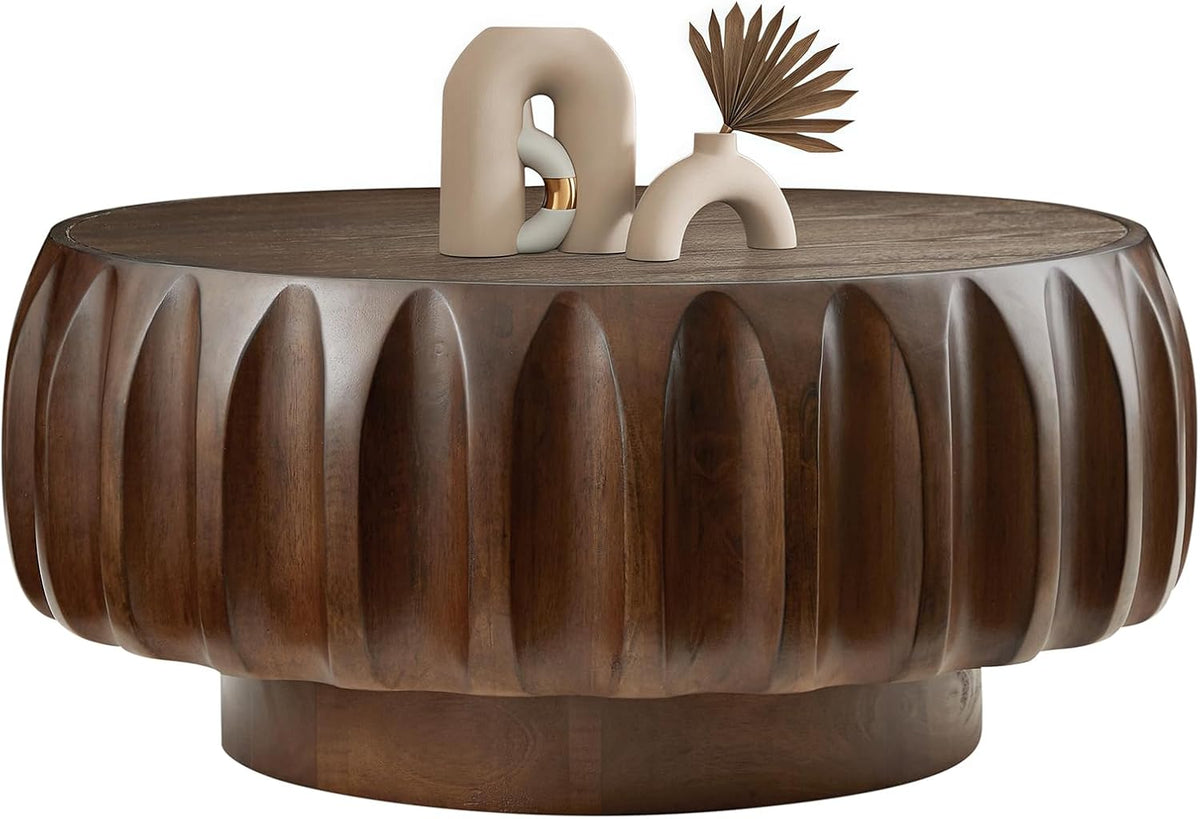LKTART 31.5" Round Coffee Table with Solid Wood Veneer, Walnut