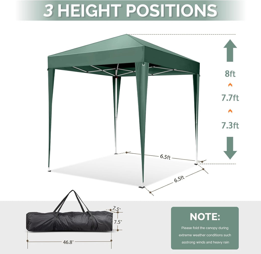 VINGLI 6.5x6.5 Pop Up Canopy Tent, Outdoor Tent Canopies Foldable Portable Canopies for Camping, Patio, Parties, EZ Up Gazebo Canopy with Carry Bag (Green)