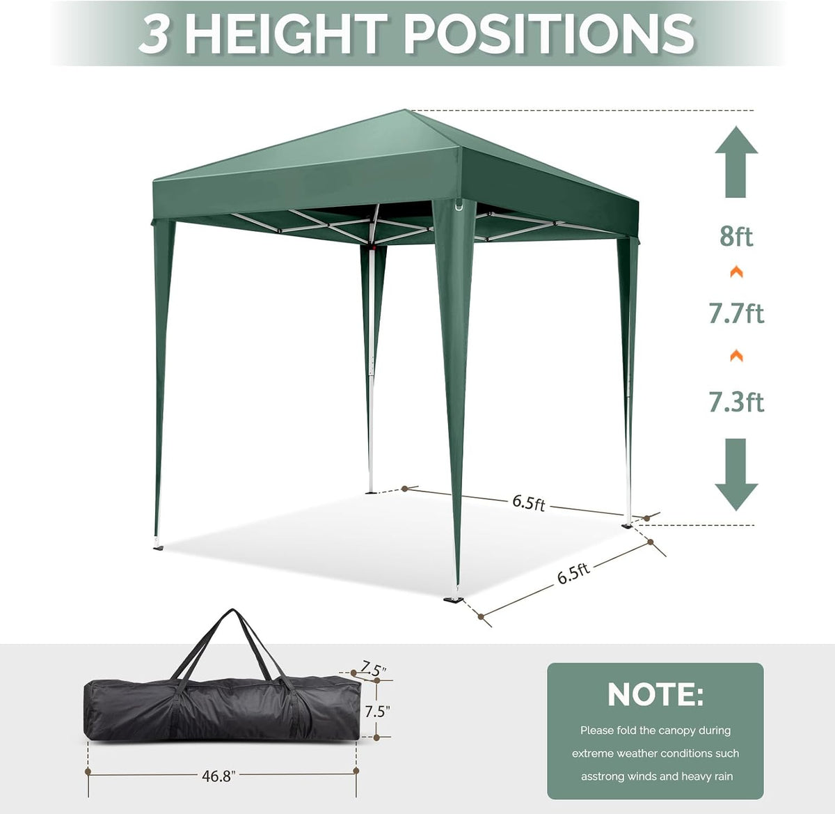 VINGLI 6.5x6.5 Pop Up Canopy Tent, Outdoor Tent Canopies Foldable Portable Canopies for Camping, Patio, Parties, EZ Up Gazebo Canopy with Carry Bag (Green)