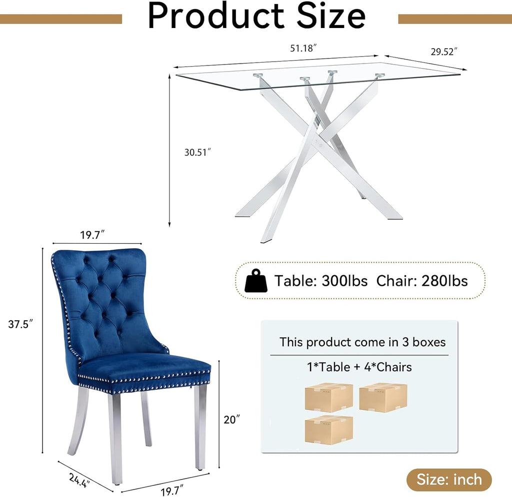 5 Piece Glass Dining Table Set Modern Glass Dining Table Set for 4, 51" Rectangular Kitchen Table and 4 Velvet Upholstered Chairs for Kitchen Dining Room, Silver Table & Blue Chair