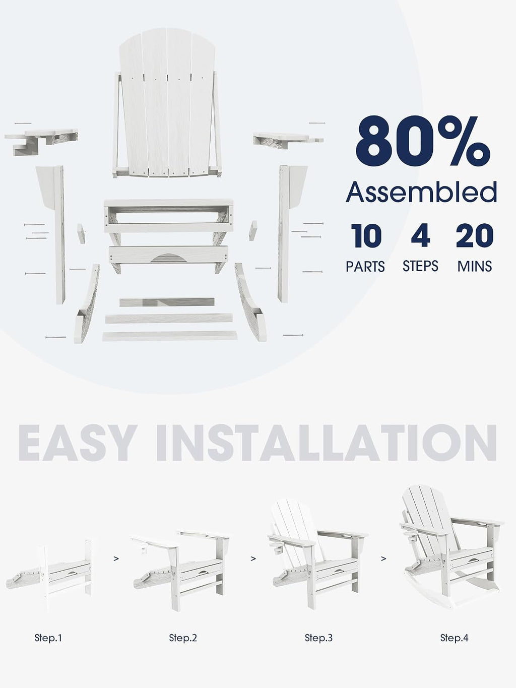 KINGYES Adirondack Rocking Chair Set of 2 with Ottoman and Cup Holders