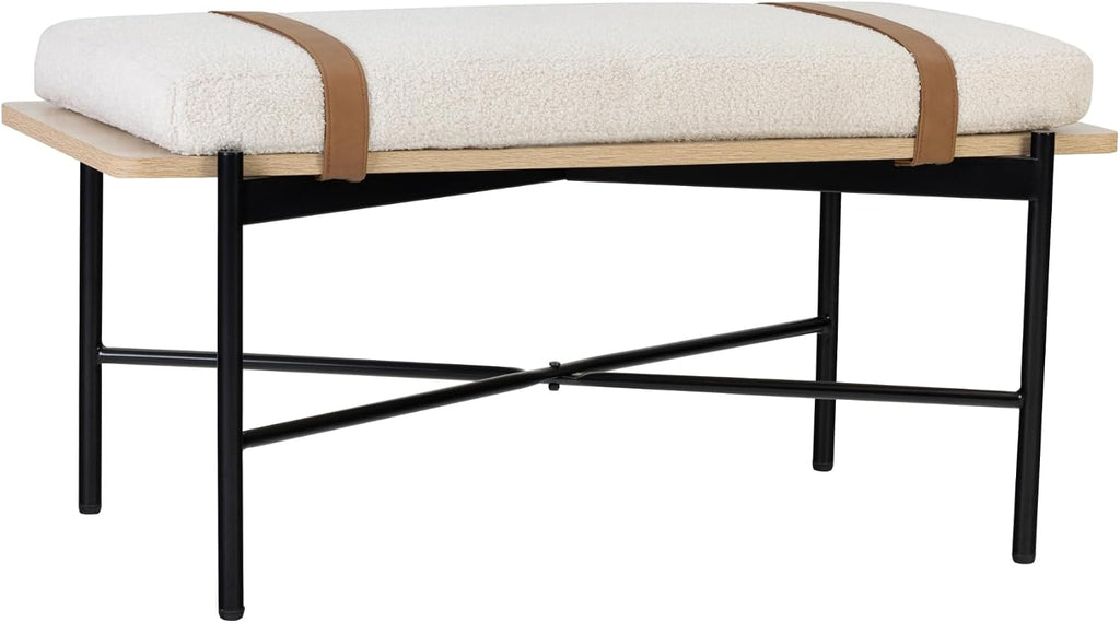Nathan James Thatcher Upholstered Entryway Bench with Removable Boucle Cushion, Vegan Leather Straps, and Matte Black Metal Legs