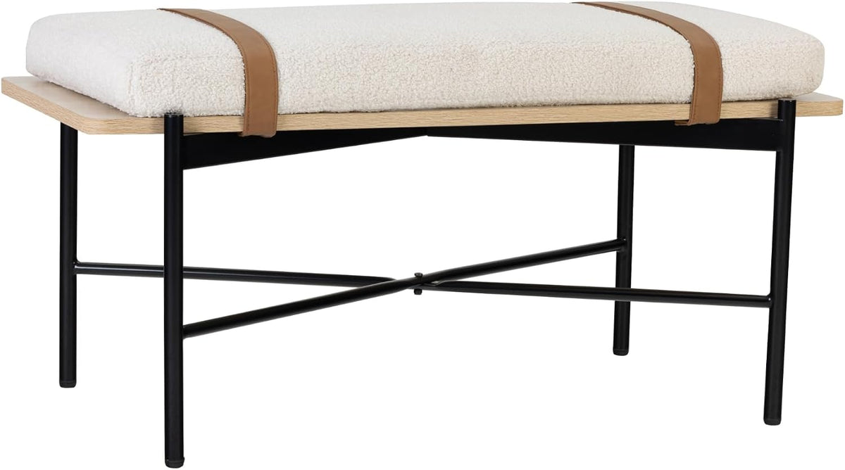 Nathan James Thatcher Upholstered Entryway Bench with Removable Boucle Cushion, Vegan Leather Straps, and Matte Black Metal Legs