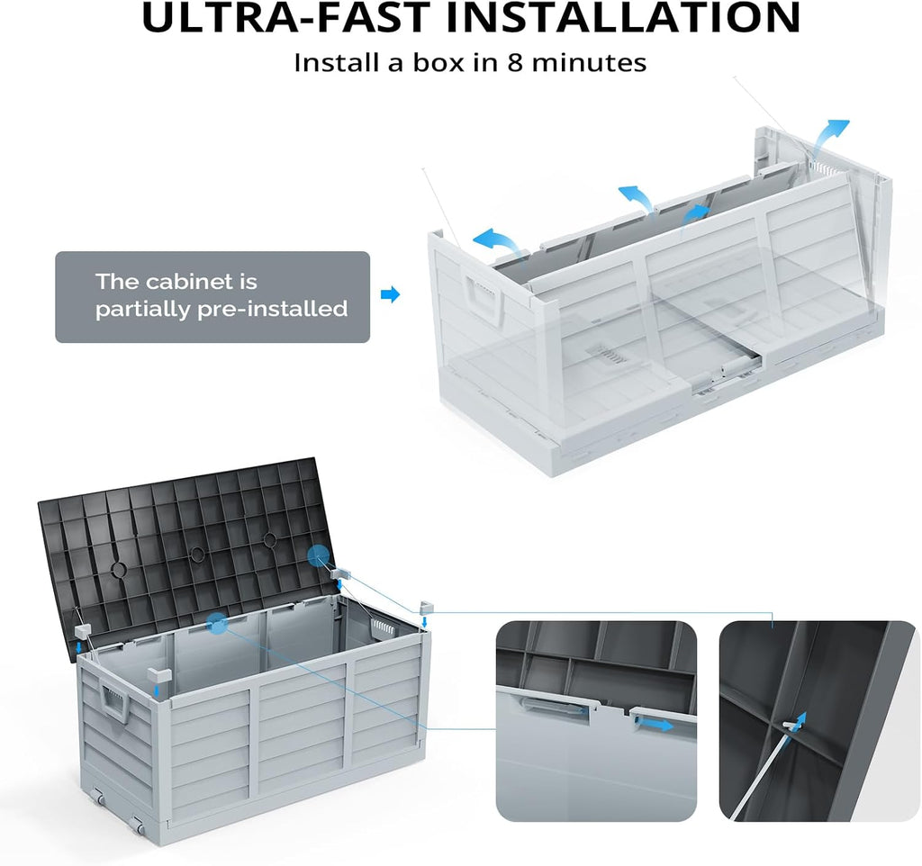 Outvita Outdoor Storage Box, 75 Gallon, Foldable, Gray Body-Black Lid