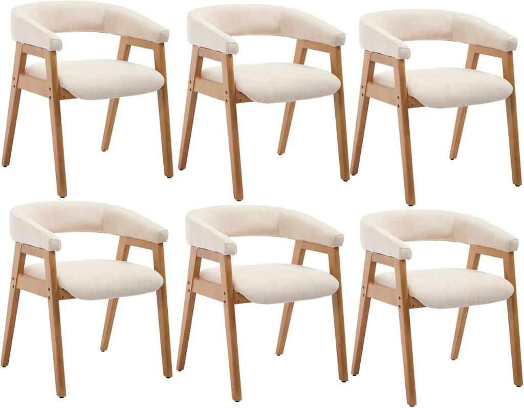 CIMOTA Modern Barrel Dining Chairs with Arms Set of 6, Upholstered Fabric Kitchen & Dining Room Chairs with Open Back/Solid Wooden Base, Comfy Side Chairs, Linen Beige