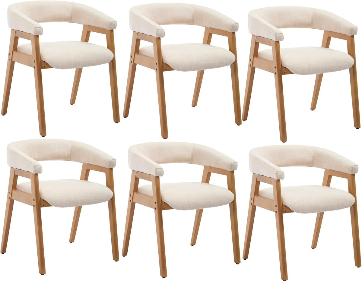 CIMOTA Modern Barrel Dining Chairs with Arms Set of 6, Upholstered Fabric Kitchen & Dining Room Chairs with Open Back/Solid Wooden Base, Comfy Side Chairs, Linen Beige