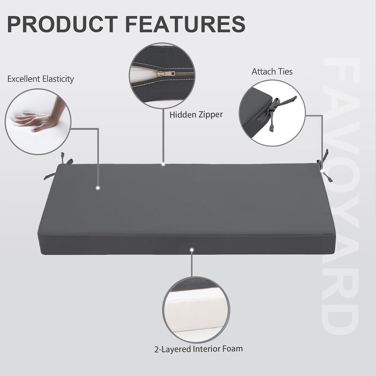 favoyard outdoor bench cushion, 42 x 18 inch showing dimensions