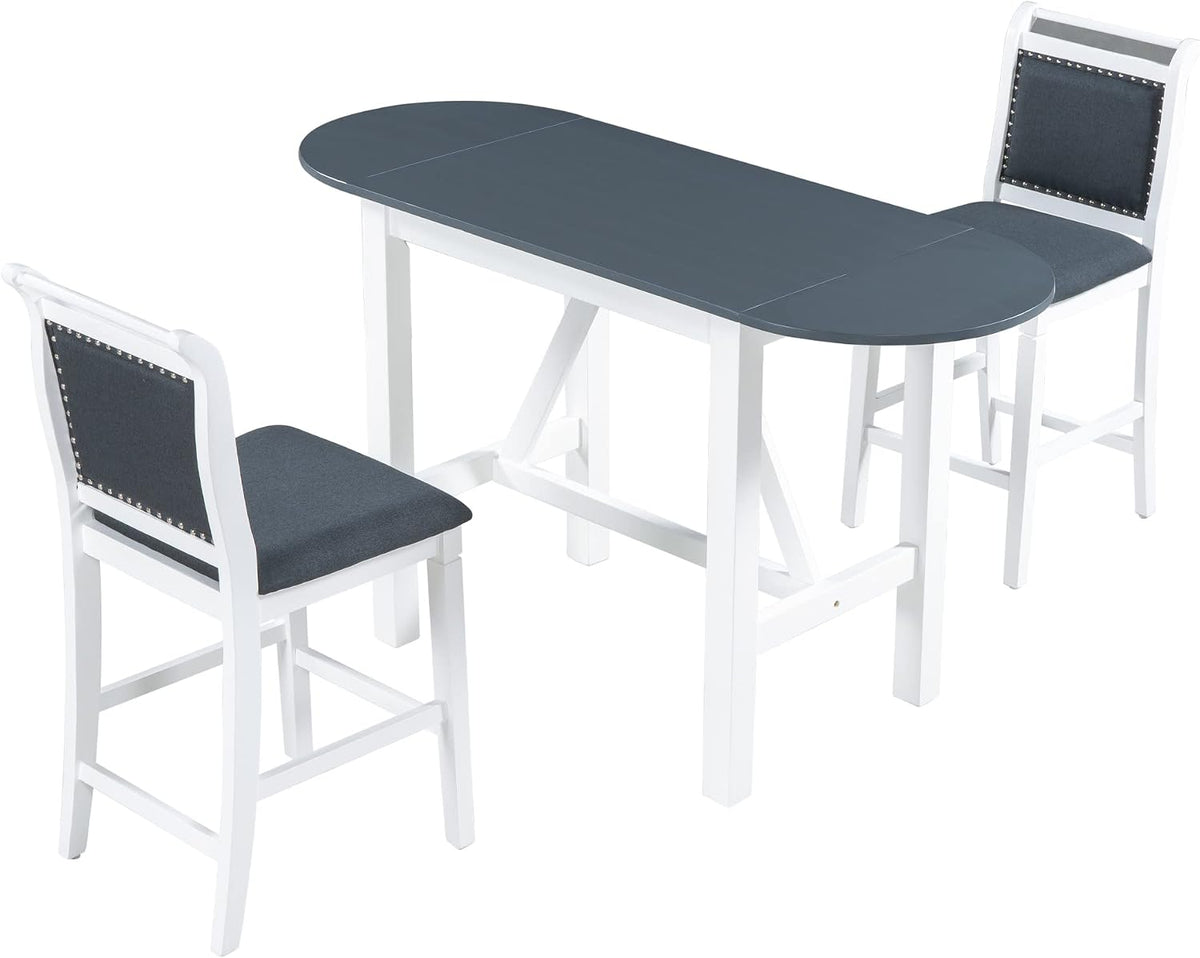 Linique 3-Piece Drop Leaf Dining Table Set with 2 Upholstered Chairs, Wood Counter Height Table & Chair Set for Small Place, White+Dark Gray Cushion
