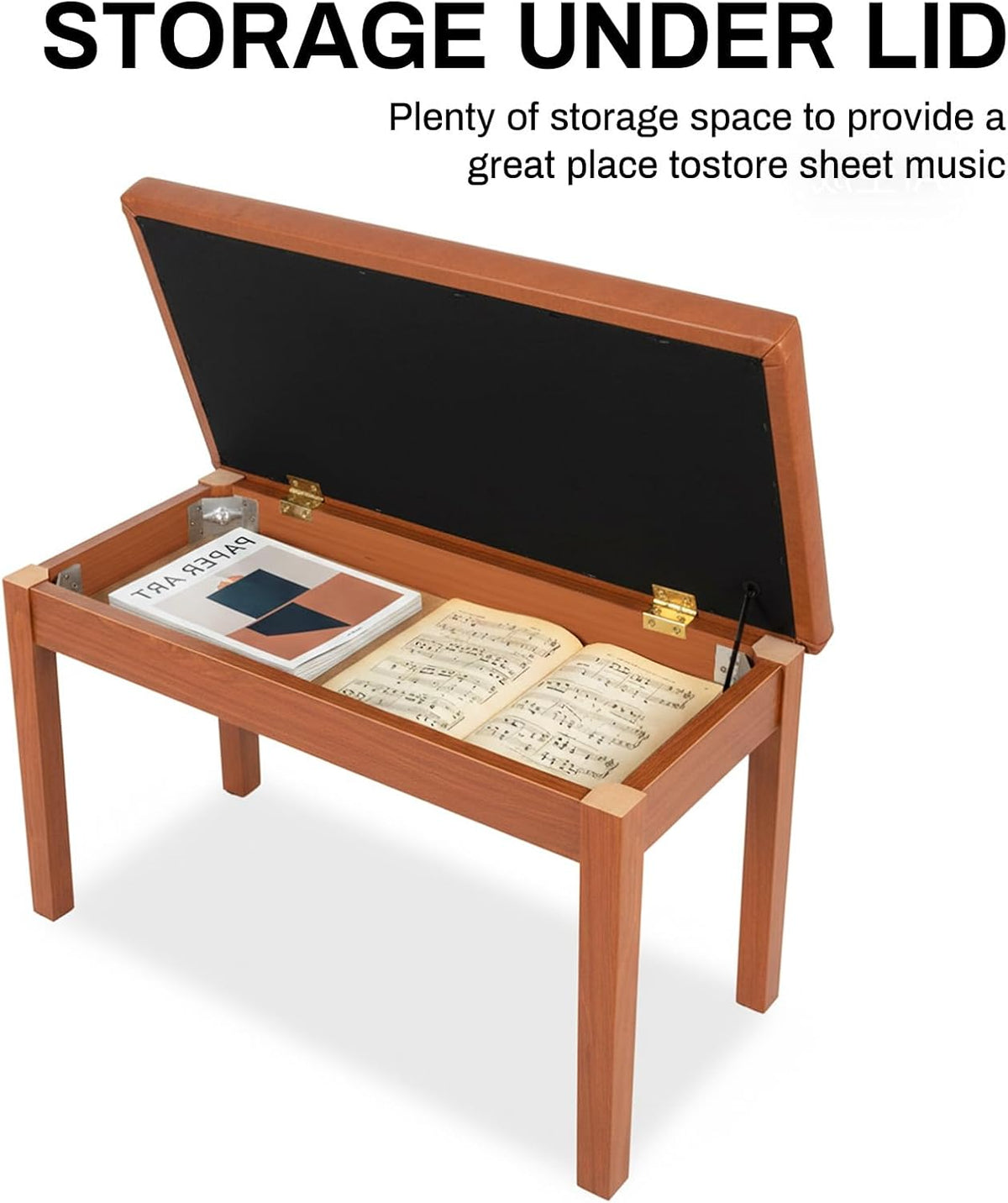 AODSK Solid Wood Duet Piano Bench with Storage, Double Keyboard Piano Benches Seat with PU Padded Cushion,Wooden Piano Stool Chair with Bookcase for Sheet Music Books, Brown & Black Optional