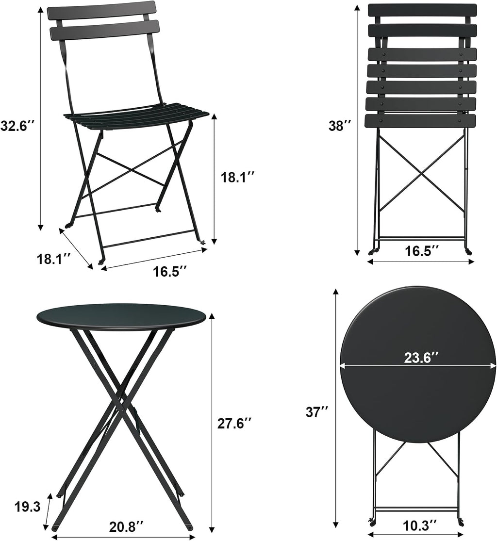 GarveeHome 3 Piece Foldable Patio Bistro Set, Compact Round Table with 2 Folding Chairs for Garden, Black
