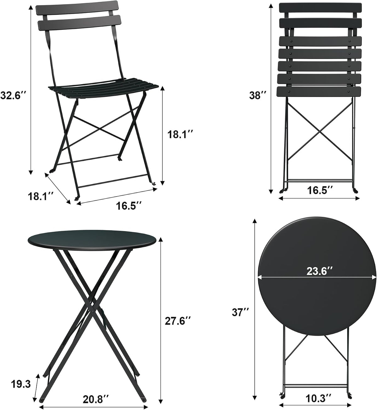 GarveeHome 3 Piece Foldable Patio Bistro Set, Compact Round Table with 2 Folding Chairs for Garden, Black