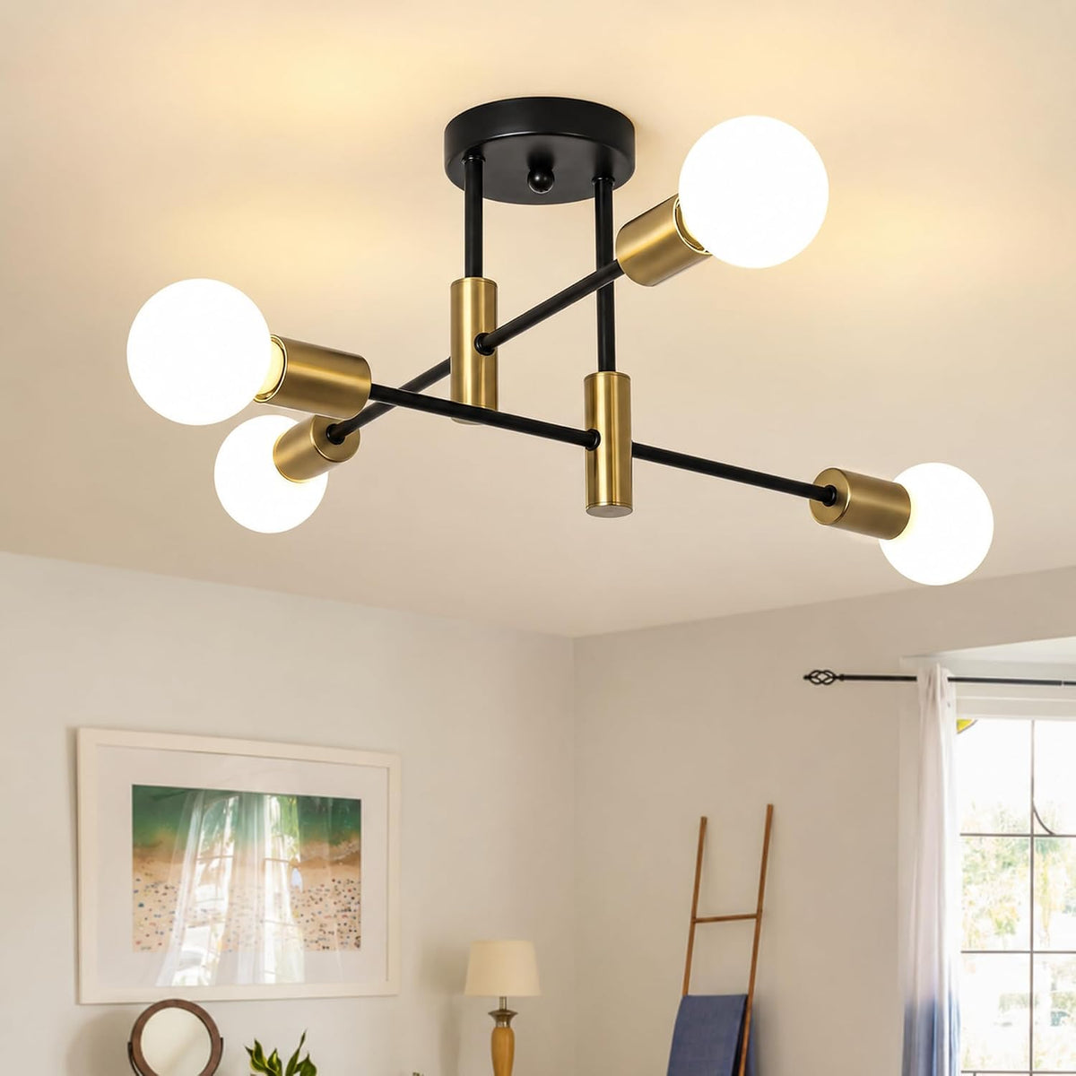 Garwarm Black and Gold Sputnik Chandelier, 4-Light Semi Flush Ceiling Light