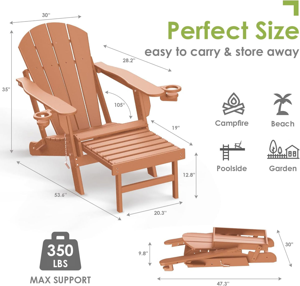GREENVINES Adirondack-Chairs-with-Ottoman Set of 2, Folding，HDPE, Teak