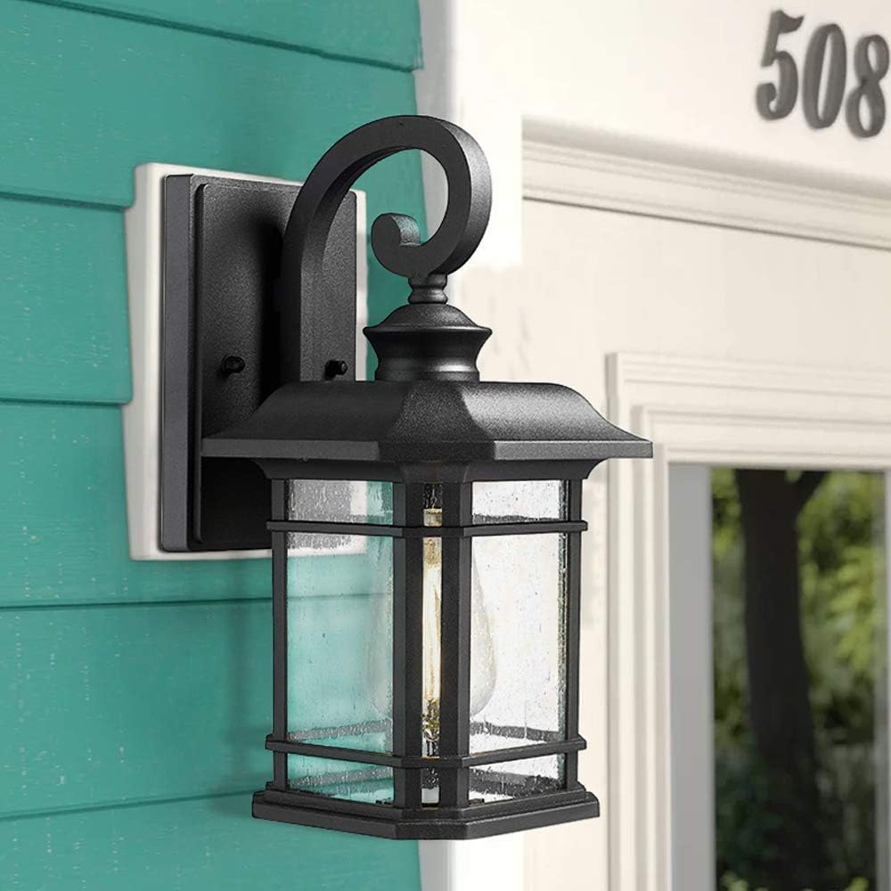 Emliviar 2-Pack Exterior Wall Mount Lights, Seeded Glass, 2084B-2BK