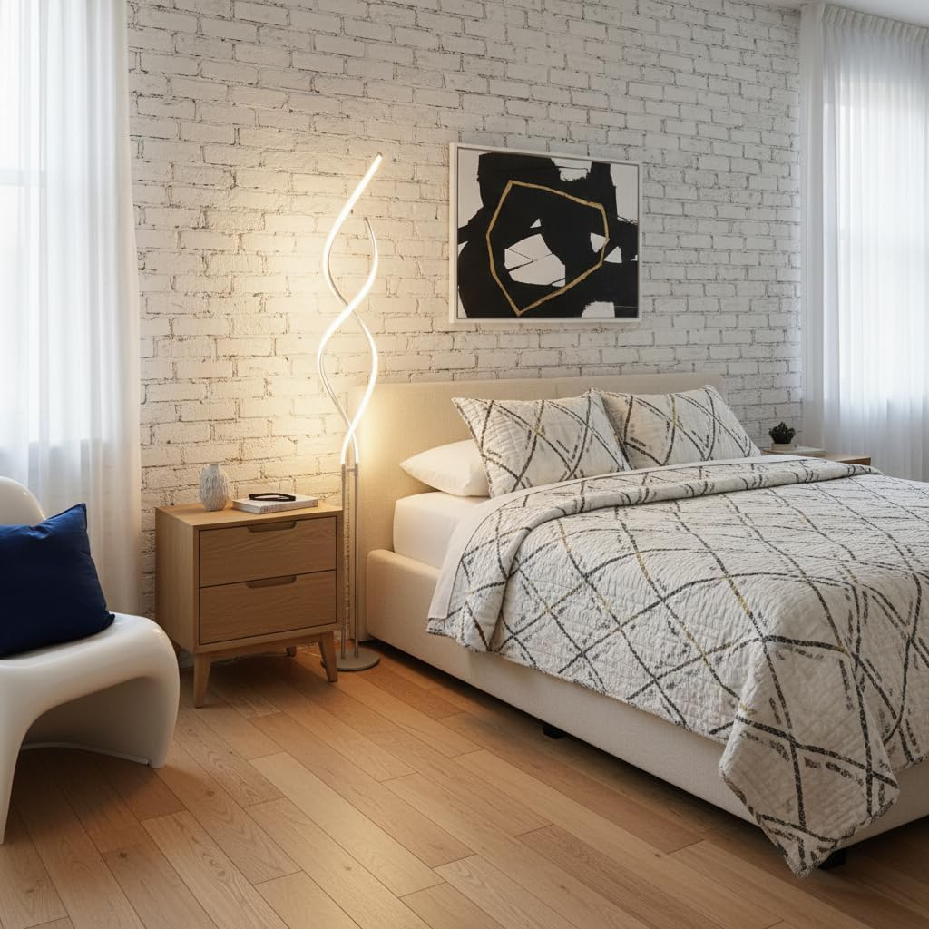 Brightech Embrace Dimmable LED Floor Lamp – Modern Spiral Adjustable Standing Lamp for Living Rooms & Offices – 2-in-1 Tall End Table Lamp for Bedroom Reading - Silver